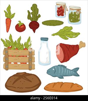 Gemüse und Fleisch, Brot und Konserven im Glas. Bio-Gemüse, Karotten und Rote Bete, Gurke und Salatblatt. Fisch und frische Milch. Ikonen natürlicher Lebensmittelprodukte. Vektor in abgewickelter Form. Bio- und Naturkost, Gemüse und Fleisch Stock Vektor