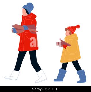 Mutter und Tochter tragen Baumstämme für Lagerfeuer, Wintercamping und saisonale Aktivitäten für die Familie. Frau und Mädchen in warmen Kleidern gehen draußen. Touristen entspannen, Vektor in flachem Stil. Wintercamping und Freizeit, Menschen mit Holzscheite Stock Vektor