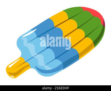 Entspannung und Erholung im Sommer, aufblasbare Matratze in Form von farbenfrohem Eis. Ballon zum Schwimmen und Schwimmen auf der Wasseroberfläche. Spielzeug aus Gummi. Isoliertes Symbol, Vektor in abgewickelter Form. Aufblasbare Matratze für Sommer am Meer oder am Pool Stock Vektor