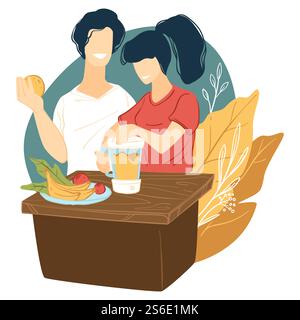 Mann und Frau führen gesunden Lebensstil machen Smoothie oder Vitamincocktail aus frischem Obst und Gemüse. Paare essen Bio-Produkte, Junge und Mädchen mit Bananen und Produkte Vektor in Wohnung. Ein paar, das frischen Smoothie aus tropischen Früchten macht Stock Vektor