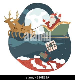 Weihnachtsfeier und Neujahrsfeierlichkeiten, weihnachtsmann-Begrüßung mit weihnachtsgeschenken für Menschen. Großvater Frost sitzt auf einem Schlitten mit Rentieren und wirft nachts Geschenke. Vektor in der Ebene. Weihnachtsmann liefert Geschenke für Bürger, nächtliches Stadtbild Stock Vektor