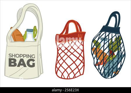Einkaufstaschen aus Leinwandstoff, Mesh oder Schnur. Umweltschutz, Schutz des Planeten. Umweltfreundliche Verpackungen für Lebensmittel, die im Laden gekauft werden. Vektor in abgewickelter Form. Umweltfreundliche Leinwand und Mesh Taschen Vektor Stock Vektor