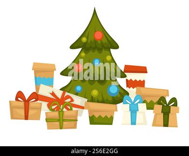 Immergrüne Kiefer, dekoriert mit Girlanden und Kugeln mit Geschenken in Kisten. Tradition des Schenkens an Weihnachten. Fichte mit glitzernden Bällen, Feier und festlicher Stimmung. Vektor in abgewickelter Form. Kiefer mit Girlanden dekoriert, Geschenke unten Stock Vektor