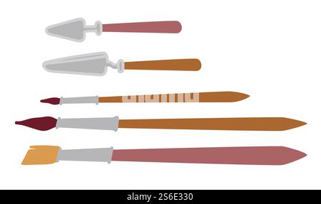 Instrumente und Werkzeuge für Kunstwerke, isolierte Pinsel mit unterschiedlicher Borstenhärte, Spachtel und Kellen. Malerei von Meisterwerken, Ausrüstung für Künstler und Studenten. Vektor in abgewickelter Form. Bürsten und Kellen, Künstler-Toolkit-Set Vektor Stock Vektor