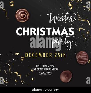 Einladung zur weihnachtsfeier, Dekorationsbanner mit Schokoladenbonbons, kalligraphischen Inschriften und fliegendem goldenem Lametta. Feiertage im Winter. Weihnachten Grüße Neujahr. Vektor in der Ebene. Weihnachtsfeier im Winter, Einladung zum 25. dezember Stock Vektor