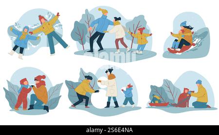 Familien verbringen Winterferien oder Wochenenden im Freien. Freizeit im Winter, Eislaufbahn, Schneeengel machen und Schneemänner bauen. Vom Hügel auf dem Schlitten abschüssig. Vektor in abgewickelter Form. Winterwochenende mit der Familie im Winter Stock Vektor