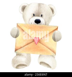 Weißer Teddybär sitzt und hält einen Briefumschlag zum valentinstag. Hand gezeichnete Aquarellillustration des niedlichen Plüschspielzeugs auf isoliertem Hintergrund. Idee für Stockfoto
