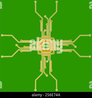 Flache Mikroelektronik-Schaltungen. Leiterplattenvektor, grüner Hintergrund. Stock Vektor