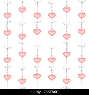 Nahtloses Muster aus rosa Valentinstag-Herzen, die an grauen Bändern mit Schleifen und Perlen hängen. Handgezeichnete Aquarellillustration auf weißem Hintergrund. Fo Stockfoto