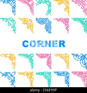Eckdekoration Collection Symbole Set Vector (Vektor Festlegen). Dekorativer Eckrahmen Und Rahmen, Stilvolles Dekor Für Glas Oder Spiegel, Stilvolles Ornament Concept Linear Piktogramme. Konturfarbe Illustrationen. Symbole für die Kollektion „Eckdekoration“ setzen den Vektor flach Stock Vektor