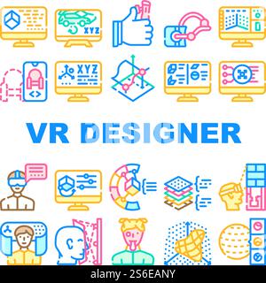 Vr Designer Beruf Sammlung Symbole Set Vektor. Programmierung und Design im Fahrzeugbau, 3D-Brillen und Modellierung, VR-Designer-Arbeitskonzept lineare Piktogramme. Konturfarbe Illustrationen. Vr Designer Beruf Sammlung Symbole Set Vektor Stock Vektor