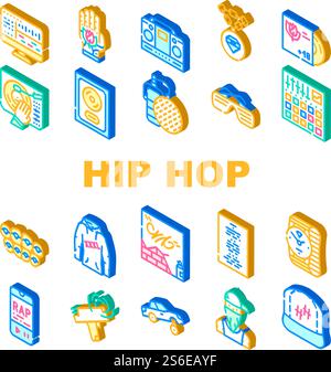 Hip Hop And Rap Music Collection Icons Set Vector. Hip Hop Gold Disc Und Gangsta Rapper, Mesh Mikrofon Gerät Und Tattoo, Kleidung Und Brille Isometrische Zeichen Farbe Illustrationen. Hip Hop And Rap Music Collection Icons Set Vector Stock Vektor