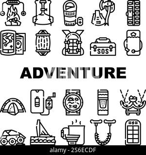 Adventure Equipment Collection Icons Set Vektor. Beheizter Schlafsack Und Schaufel Oder Multi-Tool-Axt, Karten Und Rettungskit Für Adventure Black Contour Illustrationen. Adventure Equipment Collection Icons Set Vektor flach Stock Vektor