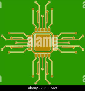 Flache Mikroelektronik-Schaltungen. Leiterplattenvektor, grüner Hintergrund. Stock Vektor