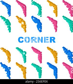 Eckdekoration Collection Symbole Set Vector (Vektor Festlegen). Dekorativer Eckrahmen Und Rahmen, Stilvolles Dekor Für Glas Oder Spiegel, Stilvolle Isometrische Schilderfarben-Illustrationen. Symbole für die Kollektion „Eckdekoration“ setzen den Vektor flach Stock Vektor