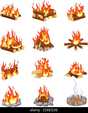 Cartoon-Lagerfeuer. Sommercampfeuer Flamme mit Brennholz. Stapelholz verbrennen. Flat Gaming Camping Design isolierte Vektorsatz. Brennholz und Lagerfeuer, Brandflamme, Lagerfeuer Illustration. Cartoon-Lagerfeuer. Sommercampfeuer Flamme mit Brennholz. Stapelholz verbrennen. Flat Gaming Camping Design isolierte Vektorsatz Stock Vektor