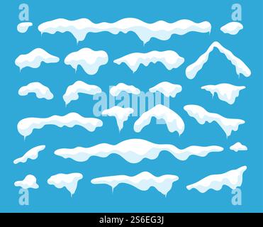 Schneekappen. Schneeschwehungen und Eiszapfen, Winterdekoration mit Eiskappe. Schneerahmen Vektor isolierte weihnachts- und Neujahrselemente. Schneeeffekt und Oberteil snowcap für Design. Schneekappen. Schneeschwehungen und Eiszapfen, Winterdekoration mit Eiskappe. Schneerahmen Vektor isolierte weihnachts- und Neujahrselemente Stock Vektor