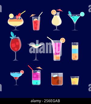 Flache Cocktails. Alkoholgetränke in Gläsern mit Strohhalm. Margarita, Whiskey und Gin Tonic, Pina Colada Cocktail Vektor isoliert Set. Illustration Cocktail Drink mit Strohhalm und Eis. Flache Cocktails. Alkoholgetränke in Gläsern mit Strohhalm. Margarita, Whiskey und Gin Tonic, Pina Colada Cocktail Vektor isoliert Set Stock Vektor