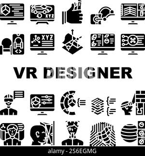 Vr Designer Beruf Sammlung Symbole Set Vektor. Programmierung und Design im Automobilbau, 3D-Brillen und Modellierung, VR Designer arbeiten Glyph-Piktogramme Schwarze Illustrationen. Vr Designer Beruf Sammlung Symbole Set Vektor Stock Vektor