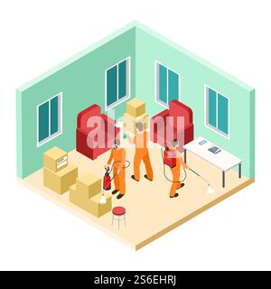 Isometrischer Desinfektionsdienst. Vektor-Schädlingsbekämpfung. Desinfektionsgeräte arbeiten im Wohnzimmer. Isometrische Kontrollschaben und Desinfektionsausrottung Illustration. Isometrischer Desinfektionsdienst. Vektor-Schädlingsbekämpfung. Desinfektionsgeräte arbeiten im Wohnzimmer Stock Vektor