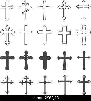Christliches Kreuz. Katholische und orthodoxe Kruzifix-Kreuze. Göttliche Religion, glaube, Gebet und kirchliche Konturvektorsymbole. Christentum und katholizismus Symbol, orthodoxe Kruzifix jesus Illustration. Christliches Kreuz. Katholische und orthodoxe Kruzifix-Kreuze. Göttliche Religion, glaube, Gebet und kirchliche Konturvektorsymbole Stock Vektor