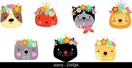Katzenköpfe mit Blumenkrone. Niedliche Katzen in Blumenkranz und Prinzessinnenkrone. Lustige Kätzchen zum Geburtstag Grußkarte. Girly Vector Set. Illustration Katzenkopf Charakter, Tier hübsch. Katzenköpfe mit Blumenkrone. Niedliche Katzen in Blumenkranz und Prinzessinnenkrone. Lustige Kätzchen zum Geburtstag Grußkarte. Girly Vector Set Stock Vektor