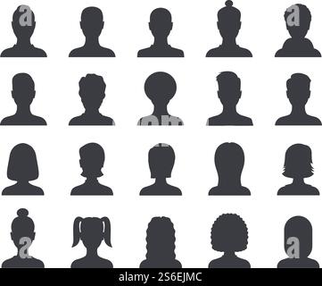 Silhouettenavatar. Männlicher und weiblicher Kopf umrandet Avatare, Profilsymbole. People Porträts Vektorsatz. Illustration Menschen Profil Mann und Frau Porträt. Silhouettenavatar. Männlicher und weiblicher Kopf umrandet Avatare, Profilsymbole. People Porträts Vektorsatz Stock Vektor