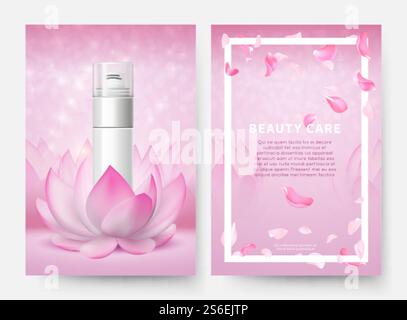 Kosmetische Banner. Hautpflege kosmetische Vektor-Flyer-Vorlage. Sprühbehälter für Rasierschaum-Flaschen aus Lotusblüten und rosafarbenen fliegenden Blütenblättern. Hautcreme Kosmetik, Flaschenwerbung Illustration. Kosmetische Banner. Hautpflege kosmetische Vektor-Flyer-Vorlage. Sprühbehälter für Rasierschaum-Flaschen aus Lotusblüten und rosafarbenen fliegenden Blütenblättern Stock Vektor