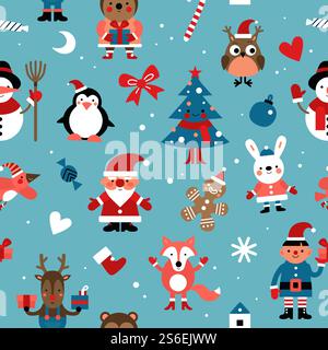 Weihnachtsfiguren-Muster. Weihnachtsmann, Lebkuchenmann und Kaninchen, Elf und Hirsch, Fuchs. Nahtlose Textur des Neujahrs 2020. Illustration weihnachtsfigur Schneemann und Pinguin, Lebkuchen. Weihnachtsfiguren-Muster. Weihnachtsmann, Lebkuchenmann und Kaninchen, Elf und Hirsch, Fuchs. Nahtlose Textur des Neujahrs 2020 Stock Vektor