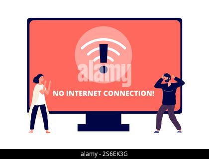 Keine Internetverbindung. Drahtlose Verbindung getrennt, Fehler Verbindung wlan. Verärgerte Leute und ungesteckte Computervektorillustration. Fehlerhaftes Signal wlan-Webseite auf dem Bildschirm. Keine Internetverbindung. Drahtlose Verbindung getrennt, Fehler Verbindung wlan. Verärgerte Leute und ungesteckte Computervektorillustration Stock Vektor