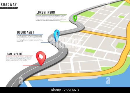Infografik der Fahrbahn. Standortkarte, auf der Autobahn befestigte Punkte mit Informationen. Stadtplan und gps-Navigationsstandorte. Vektor-Illustration für Straßenverkehr. Lage der Verkehrsstraße, Vorwärtsfahrt. Infografik der Fahrbahn. Standortkarte, auf der Autobahn befestigte Punkte mit Informationen. Stadtplan und gps-Navigationsstandorte. Vektor-Illustration für Straßenverkehr Stock Vektor