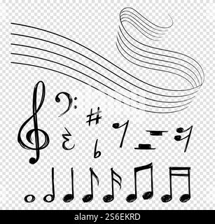 Musiknoten. Schwarze Musiklinien, Melodienelemente und Notenblätter. Formen Sie künstlerische Schlüssel und abstrakte Sound Vektor-Symbole isoliert auf transparentem Hintergrund. Musikalische Note, halbfarbige Illustration der Taste. Musiknoten. Schwarze Musiklinien, Melodienelemente und Notenblätter. Formen Sie künstlerische Schlüssel und abstrakte Sound Vektor-Symbole isoliert auf transparentem Hintergrund Stock Vektor