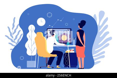 Grafikdesigner. Professionelles Design, Designer, der am Computer arbeitet. Kreative digitale Künstler- und Editor-Vektorfiguren. Freiberuflicher Zeichenarbeitsplatz für Illustrationskünstler. Grafikdesigner. Professionelles Design, Designer, der am Computer arbeitet. Kreative digitale Künstler- und Editor-Vektorfiguren Stock Vektor