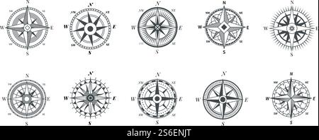Vintage-Kompass. Nautische Windrose, Kompass für Reisekarte, Vintage Marine Navigationspfeilsymbole, Retro-Konturvektorsatz. Kompassfahrt, alte Windrose für Meeresabenteuer Illustration. Vintage-Kompass. Nautische Windrose, Kompass für Reisekarte, Vintage Marine Navigationspfeilsymbole, Retro-Konturvektorsatz Stock Vektor