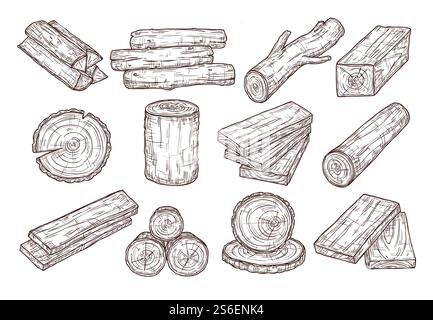 Handgezogenes Holz. Skizzieren Sie Holzstämme, Stämme und Dielen. Gestapelte Baumzweige, Forstbaumaterial Vintage Vektor Set. Illustrationsstamm und Holzstamm, Brennholz und Hartholz. Handgezogenes Holz. Skizzieren Sie Holzstämme, Stämme und Dielen. Gestapelte Baumzweige, Forstbaumaterial Vintage Vektor Set Stock Vektor