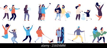 Menschen im Winter. Männer und Frauen Skifahren, Skaten und Kinder machen Schneemänner, Guy Walking Dog. Vektor-Zeichensatz für Winteraktivitäten. Illustration Winter Junge und Mädchen Rest weihnachtszeit. Menschen im Winter. Männer und Frauen Skifahren, Skaten und Kinder machen Schneemänner, Guy Walking Dog. Vektor-Zeichensatz für Winteraktivitäten Stock Vektor