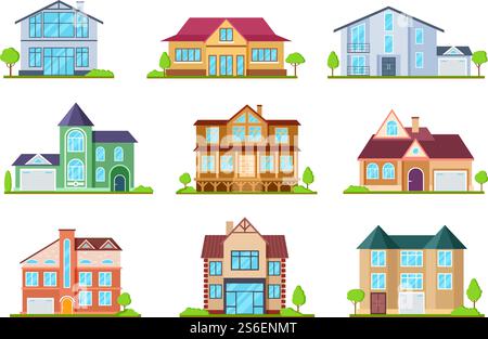 Flache Cottages. Modernes Cottage Häuser Vorstadtgebäude. Gebäudedesign für App-Schnittstelle. Architektonisches Haus Außenvektorset. Cottage House, Grundstücksarchitektur Home Illustration. Flache Cottages. Modernes Cottage Häuser Vorstadtgebäude. Gebäudedesign für App-Schnittstelle. Architektonisches Haus Außenvektorset Stock Vektor