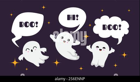 Süße glückliche Geister. Flaches Scheinvektorzeichen. Halloween-Buh-Hintergrund. Illustration Geist halloween sag hallo und guck, Herbst geisterhaft. Süße glückliche Geister. Flaches Scheinvektorzeichen. Halloween-Buh-Hintergrund Stock Vektor