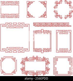 Chinesische Rahmen. Asiatisches Neujahr dekorative traditionelle Grenzen, orientalische rote Linie Retro Muster für Bilderrahmen in japanischem Vektorsatz. Illustration chinesische Dekoration Borte, dekorativ traditionell. Chinesische Rahmen. Asiatisches Neujahr dekorative traditionelle Grenzen, orientalische rote Linie Retro-Muster für Bilderrahmen im japanischen Stil Vektorsatz Stock Vektor