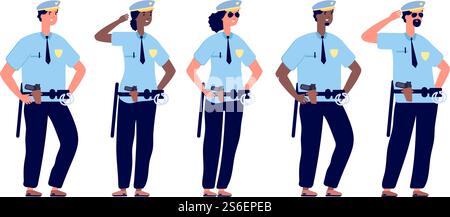 Polizisten-Gruppe. Polizisten, Polizisten und Polizisten in Polizeiuniform. Professionelle Sicherheit Streifenrecht Gerechtigkeit, Vektorfiguren. Polizist, Polizist-Illustration des Berufsagenten. Polizisten-Gruppe. Polizisten, Polizisten und Polizisten in Polizeiuniform. Professionelle Sicherheit Streifenrecht Gerechtigkeit, Vektorfiguren Stock Vektor