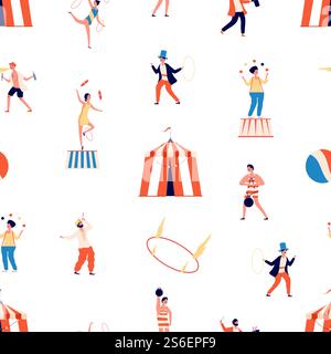 Nahtloses Zirkusmuster. Freak Show Vektor Hintergrund. Clown und Magier, Jongleur und Balancer und Turner. Zirkuskarneval, Clown-Aufführung, Unterhaltung Darsteller Illustration. Nahtloses Zirkusmuster. Freak Show Vektor Hintergrund. Clown und Magier, Jongleur und Balancer und Turner Stock Vektor