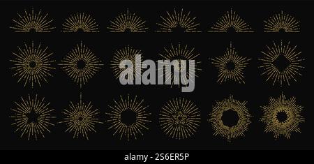 Goldener Sonnenschein. Vektorsymbole für Strahlungsstrahlen. Vintage Sonnenflammenelemente. Hipster-Design mit Doodle-Logo. Sonnenschein Radial Golden, Dekoration Starburst mit Strahlen Licht Illustration. Goldener Sonnenschein. Vektorsymbole für Strahlungsstrahlen. Vintage Sonnenflammenelemente. Hipster-Design mit Doodle-Logo Stock Vektor