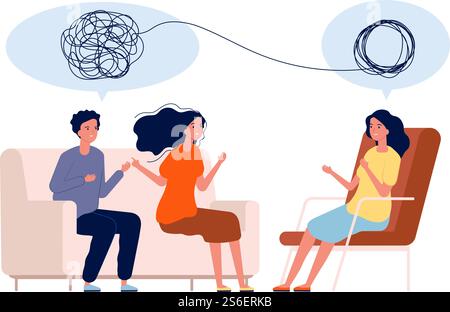 Arzt-Hilfe-Patentient. Psychische Behandlungsprobleme Vektorpsychologiekonzept. Illustrationspsychologische Paarbehandlung, psychotherapeutische Hilfe. Arzt-Hilfe-Patentient. Psychische Behandlungsprobleme Vektorpsychologiekonzept Stock Vektor