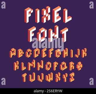 Pixelschriftart. Retro Block Alphabet Spiel im Retro Stil 90er Jahre Kubikbuchstaben Vektor isometrische Schriftart. Abbildung Alphabet Block Letter Typ 3d.. Pixelschriftart. Retro Block Alphabet Spiel im Retro Stil 90er Jahre Kubikbuchstaben Vektor isometrische Schriftart Stock Vektor