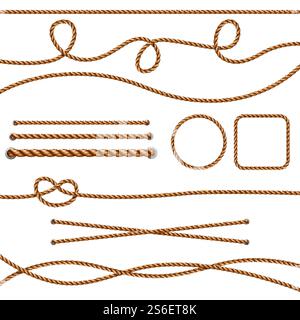 Faserseile. Gerade braune, realistische Fadenseile, die Meeresknoten überqueren, Vektorbilder. Illustration braunes Kabel und Knoten, Seilfaser isoliert. Faserseile. Gerade braune, realistische Fadenseile, die Meeresknoten überqueren, Vektorbilder Stock Vektor