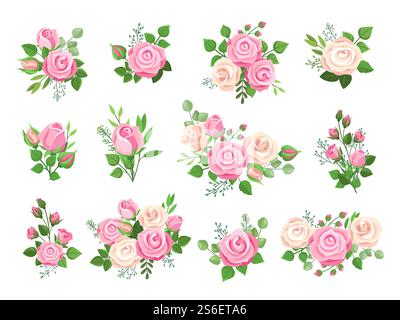 Rosensträuße. Rote, weiße und rosa Rosen, Blumenelemente mit grünen Blättern und Knospen. Aquarellfarben Hochzeit mit Blumenmotiven und romantischen Vektordekor. Blumenblattblüte, Blumenstrauß Hochzeit Sommer Illustration. Rosensträuße. Rote, weiße und rosa Rosen, Blumenelemente mit grünen Blättern und Knospen. Aquarellfarben Hochzeit mit Blumenmotiven und romantischen Vektordekor Stock Vektor