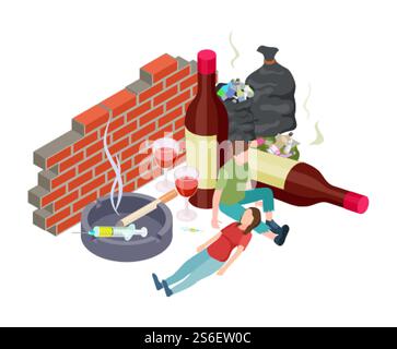 Schlechte Angewohnheiten. Isometrisches Suchtkonzept. Vektormenschen mit sucht. Alkohol, Drogen, Nikotin. Obdachlose Menschen mit schlechten Angewohnheiten. Rauchen giftig, narkotisch Gesundheit und trinken schädliche Illustration. Schlechte Angewohnheiten. Isometrisches Suchtkonzept. Vektormenschen mit sucht. Alkohol, Drogen, Nikotin. Obdachlose Menschen mit schlechten Angewohnheiten Stock Vektor