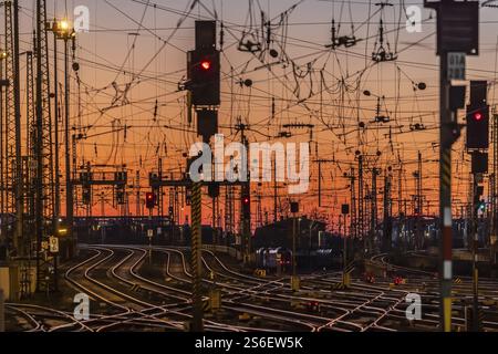Gleisvorfeld mit Zügen, Schienen, Punkten, Pylonen und Signalanlagen. Infrastruktur am Hauptbahnhof. Sonnenuntergang. Frankfurt am Main, Hessen, Deutschland, Stockfoto