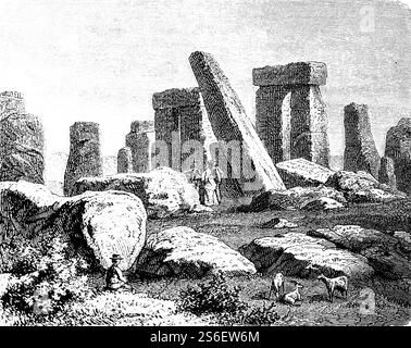 Stonehenge in seiner heutigen Form, 19. Jahrhundert, Schafe, Menschen, Geschichte der Menschheit, historische Abbildung 1880 Stockfoto