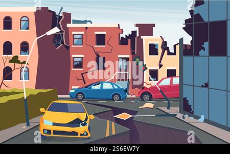 Beschädigte Stadtlandschaft. Naturkatastrophe Stadt zerstört Beben Urbanisierungsprobleme Risse Bodenstraßen Vektorbild. Nach dem Erdbeben Stadt, Zerstörung Gebäude und Straße Illustration. Beschädigte Stadtlandschaft. Naturkatastrophe Stadt zerstört Beben Urbanisierungsprobleme Risse Bodenstraßen Vektorbild Stock Vektor